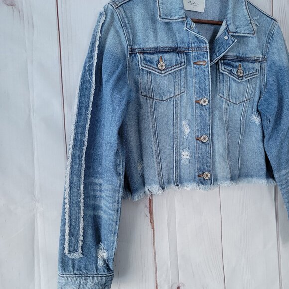 KanCan Los Angeles 100% Cotton Cropped Distresses Denim Jean Jacket Women’s L - Picture 2 of 7
